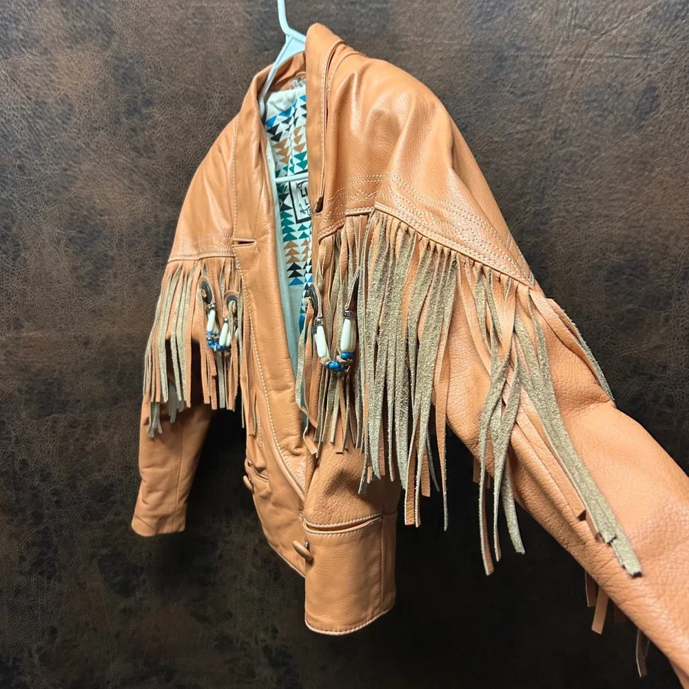 Lloyd's Leather Vintage Tassel Beaded Embroidered Lt Orange Short Jacket Small